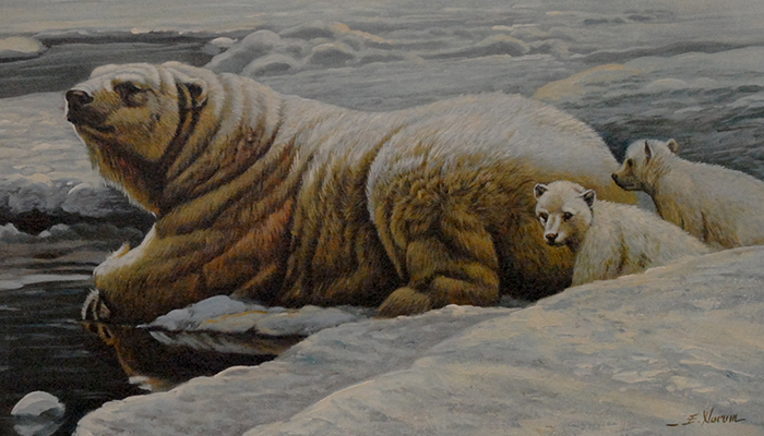 An oil painting of a polar bear and two cubs resting on the ice at the water's edge.